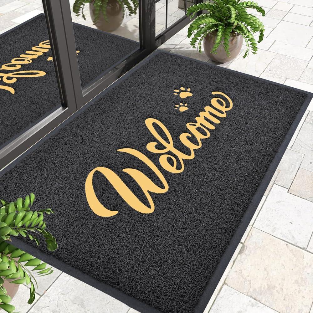 Welcome Mat Outdoor, 36x24 All-Season Waterproof Front Door Mat, All-Weather Quick Drying Doormat, Low Profile Indoor, Patio Porch Entryway Floor, Black-Gold (Large 36"x24")