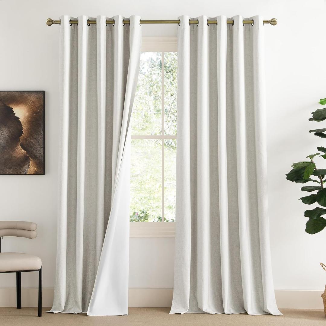 NICETOWN Extra Long Linen 100% Blackout Curtains 120 inches Length 2 Panels Set with Thermal Insulated Liners, Ivory, 62" Width, Farmhouse Style Window Draperies for Patio Sliding Glass Door