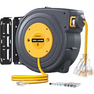 SURAIELEC 50 FT Extension Cord Reel, 14 Gauge Retractable Extension Cord, SJTOW 14 AWG/3C Heavy Duty Power Cord, 13 AMP Circuit Breaker, Lighted Triple Tap, Ceiling or Wall Mount, ETL Listed