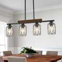 4-Light Dining Room Light Fixture/Chandelier Over Table, Island Lighting Hanging for Farmhouse Linear Chandeliers Matte Black Rustic Wood Ceiling Pendant Light Fixtures, with Clear Glass Shade