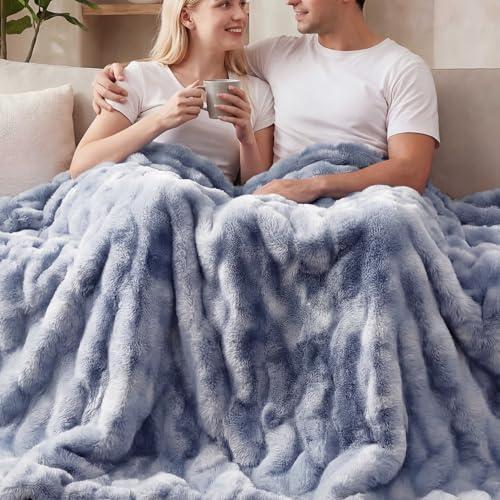 ORINOVA Tie-dye Blue Twin Cozy Faux Fur Blanket for Couch Bed Living Room 60x80 Furry Soft Fluffy Thick Warm Throw Blanket for Winter Home Gifts 860 GSM