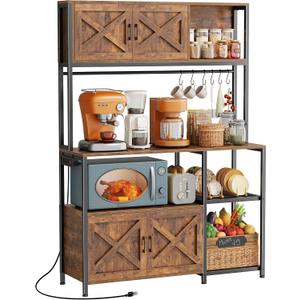Huuger Large Bakers Rack with Power Outlet, Kitchen Microwave Stand with Cabinets, Coffee Bar Table Station with Storage, 6 S-Shaped Hooks, Mesh Shelves, 45 Inch Wooden Top, Rustic Brown