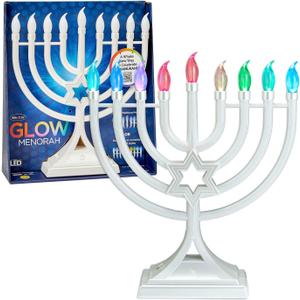 LED Electric Blue Hanukkah Menorah with Special Effects  Battery/USB Powered, Star of David, 4 Lighting/Blinking Modes, Large LED Bulbs, Chanukah Traditional Electric Menorahs  White