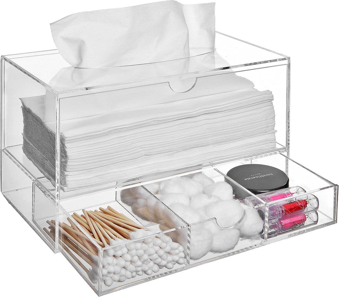 MyGift Modern Clear Acrylic Facial Tissue Dispenser Holder with Pull-Out Drawer for Makeup Cosmetics and Accessories, Vanity Countertop Bathroom Supplies Caddy