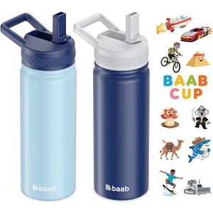 baab 18oz/500ml Kid Water Bottle, Insulated Water Bottle with Straw & Stickers, 18/8 Stainless Steel Vacuum Leakproof Kids Water Straw Cup for Sports Travel & School (Navy Blue+Light Blue, 2 Pack)