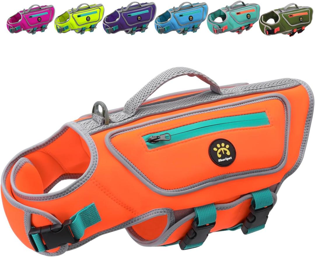 Dog Swimming Vest with D-Ring, Lightweight Dog Life Vests for Boating, Reflective Dogs Lifejackets Swimsuit Neoprene Pet Safety Jacket with Rescue Handle for Small Dogs, Orange, Small