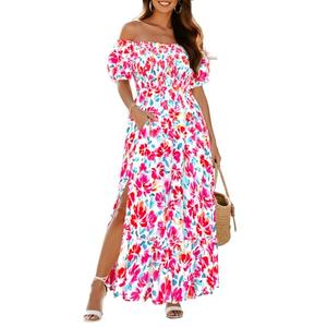 Women's Plus Size Summer Dress 2025 Maxi Off Shoulder Casual Floral Red Boho Smocked Long Flowy Dresses with Pockets, Size 16W