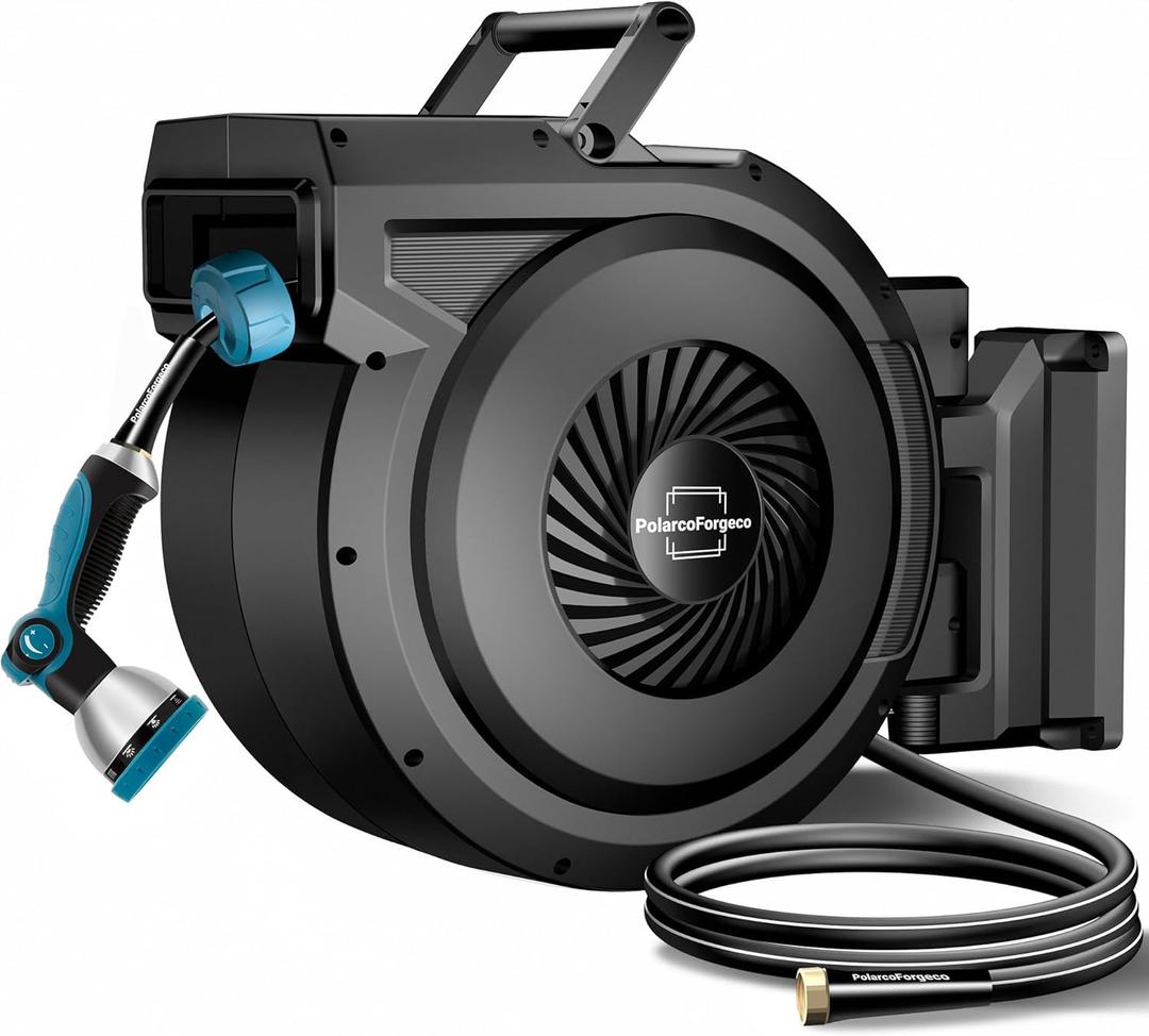 Retractable Garden Hose Reel 5/8 inch x 90 ft, Wall Mounted Hose Reel for Outside, Heavy Duty Water Hose, Automatic Rewind, 180 Swivel, 10 Pattern Nozzle, Any Length Lock