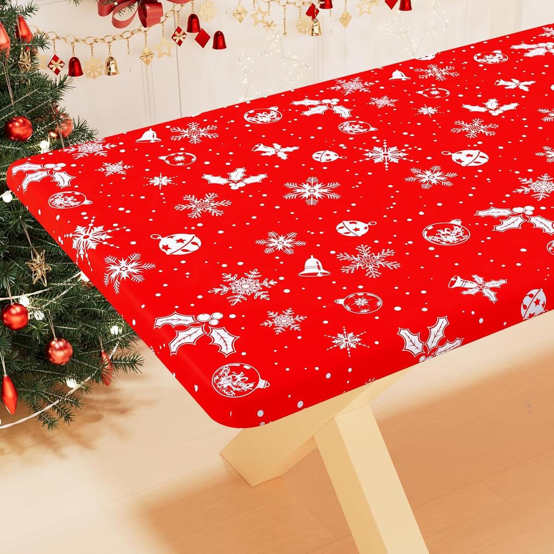 Smiry Plastic Christmas Tablecloth, Snowflake Wipeable Flannel Backed Vinyl Tablecloth, Waterproof Elastic Fitted Table Cover for Christmas Dinner, and New Year Celebration (White & Red, 30x96 Inches)