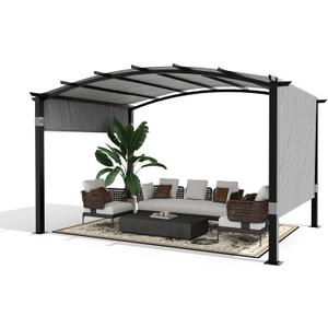 12x9 Ft Outdoor Arched Pergola Metal Gazebo with Retractable Sun Shade for Patio Garden Backyard Deck Lawns(Gray)