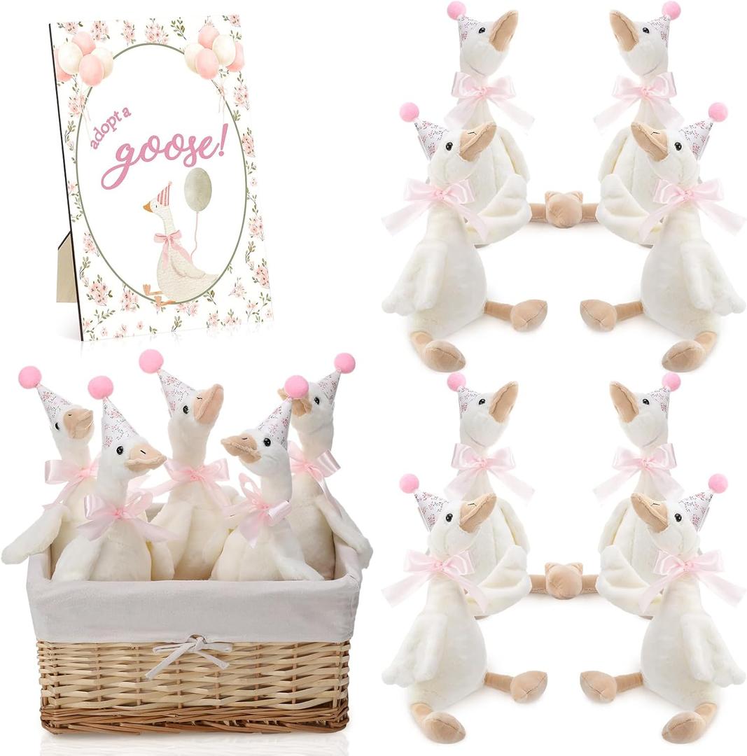 Blueweenly One Silly Goose Birthday Decoration 8 Sets 15.7 Inch Silly Goose Hat with Wood Table Decor for Christmas Birthday Party Gift Decoration (White and Pink)