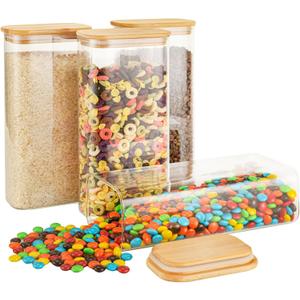 D2scrma 64oz Rectangle Airtight Glass Storage Containers with Bamboo Lids (Set of 3), Square Food Storage Jar, Pantry Organizers for Cereal, Flour, Pasta and Coffee beans (with Black Lable)