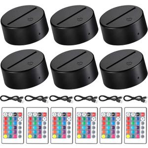 Honoson 6 Pieces 3D Night LED Light Lamp Base 16 Colors LED Display Base with Remote Control and USB Cable, Christmas Light Lamp Display Acrylic for Restaurant Shop (Small,Black)