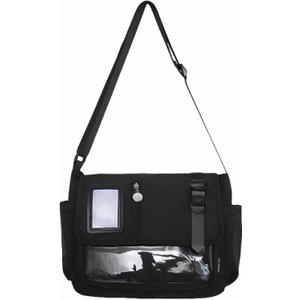 black ita messenger bag for women, large capacity cute pin display crossbody bags, kawaii japanese anime ladies purse with water bottle holder, y2k korean college aesthetic carteras para mujer