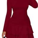PRETTYGARDEN Womens Spring Long Sleeve Dresses 2026 Mock Neck Ruched Y2K Clothes Ruffle Layered Bodycon Mini Party Dress (Small, Burgundy)