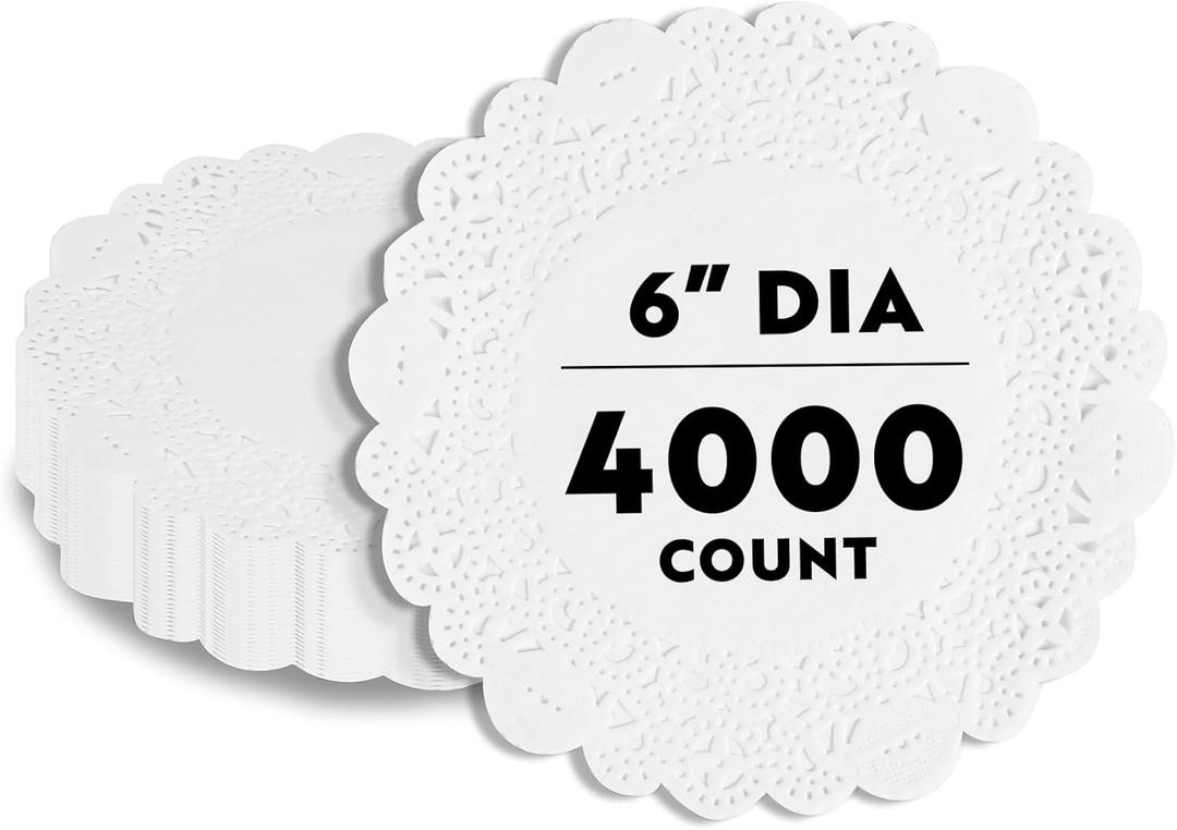 Restaurantware-Pastry Tek 6 x 6 Inch Lace Doilies, 4,000 Decorative Tableware Placemats - Disposable, Round, White Paper Table Doilies, for Birthdays, Or Weddings, Table Decor
