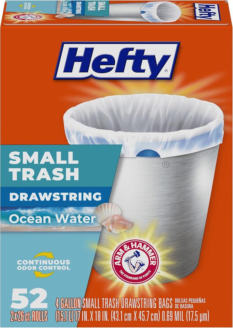 Hefty Small Trash Bags, Ocean Water Scent, 4 Gallon, 52 Count (White)