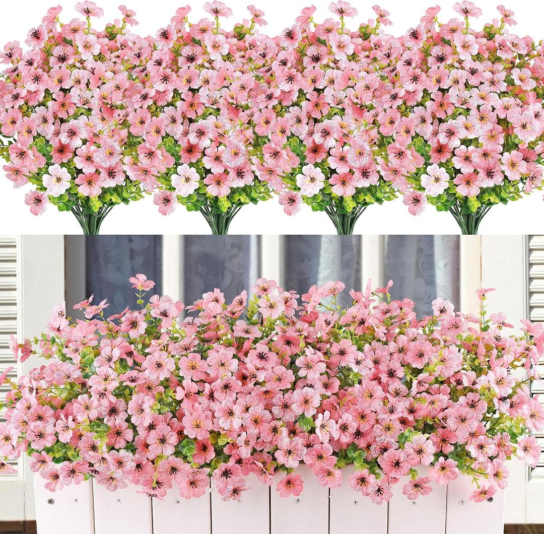 Artificial Flowers for Outdoors Spring Decor, 16 Bundles UV Resistant Realistic Faux Silk Flowers, Fake Plants for Planter Indoor Outside Garden Porch Patio Window Box Balcony Yard (Pink)