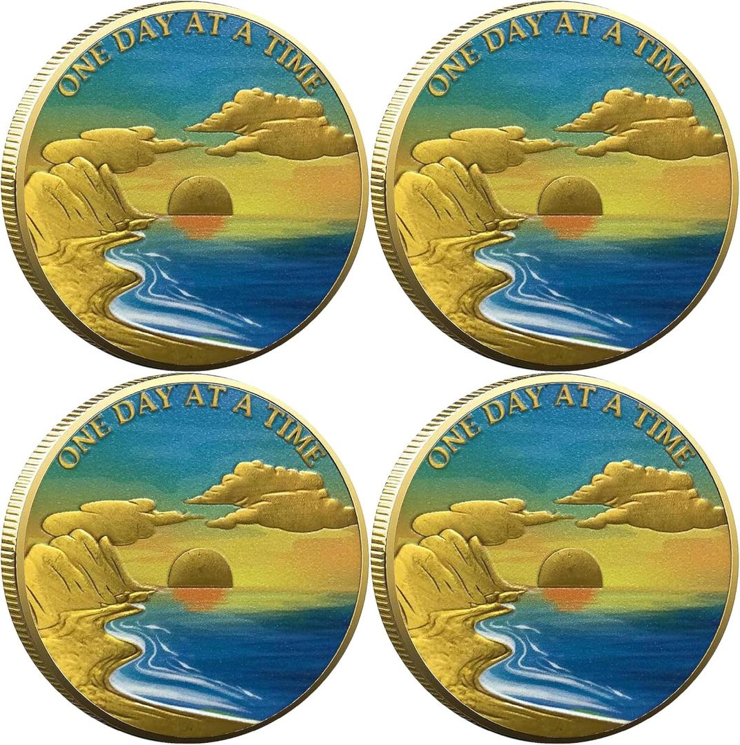 Serene Beach Sunrise Sobriety Chip ONE Day at A TIME AA Medallion Serenity Prayer Coin Recovery Gift (Pack of 4)