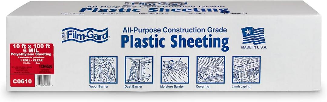 Film-Gard 626033 Construction Plastic Sheeting 10' Width X 100' Length X 6 mil Thick, Clear, 1 Count