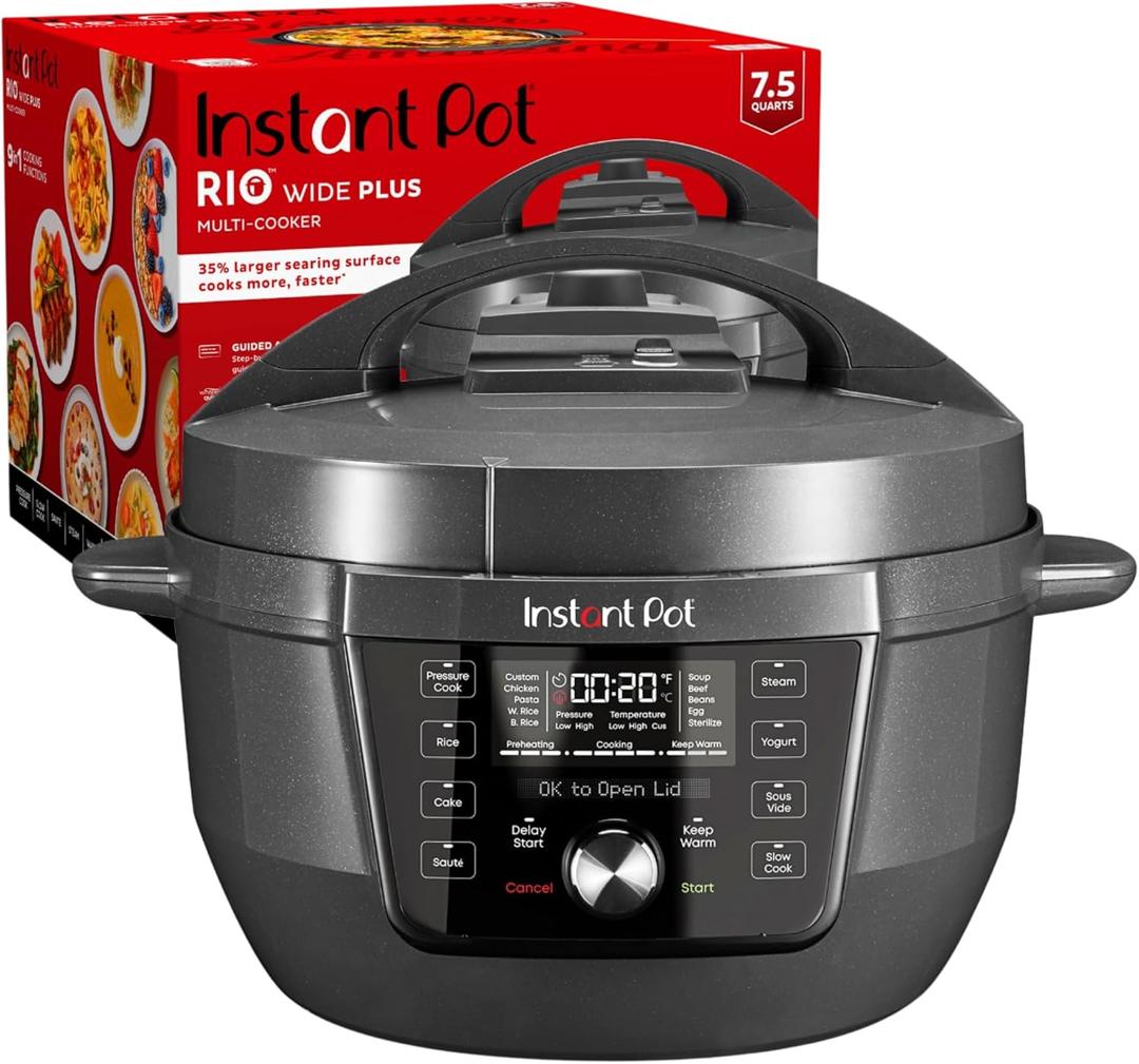 Instant Pot RIO Wide Plus, 9-in-1 Electric Pressure Cooker, 35% Larger Cooking Surface, WhisperQuiet Steam Release, Multi-Cooker, Slow Cook, Rice Maker, Steamer, Saut, Cake, & Warmer, 7.5 Quarts