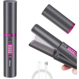 Cordless Hair Straighteners Curler 2 in 1,Zirzoe Portable Mini Hair Straighteners Ceramic 8 Inch, Anti-Scald 3-Level Travel Straightener, Heats Up Fast, Battery Rechargeable with Type-C, Grey