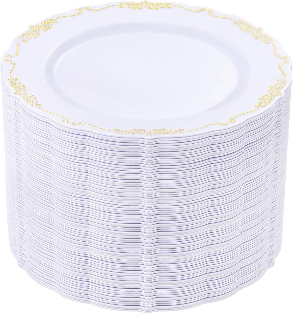 DaYammi 60PCS White and Gold Plastic Plates, Gold Rim Plates Disposable Heavy Duty Disposable Plate Premium 10inch White Dinner Plate Hard Plastic Platos for Party Wedding Bridal Shower