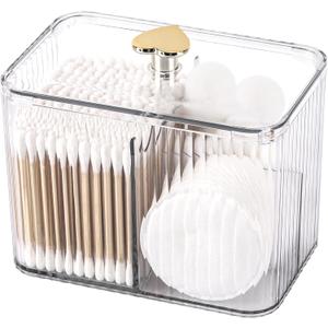 Tbestmax Qtip Holder Dispenser 3-Section Clear Bathroom Organizer Jar 3 Grids Cotton Swab/Pad/Ball Holder Container Cosmetics Storage for Vanity