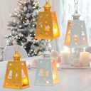 DECORKEY Christmas Lanterns Decorations Outdoor&Indoor, 4PCS Decorative Candle Holder Set with Christmas Tree, Snowman, Reindeer, Santa Claus Openwork Patterns, Hanging&Tabletop Decor (No Glass) (Golden *2+silver *2)