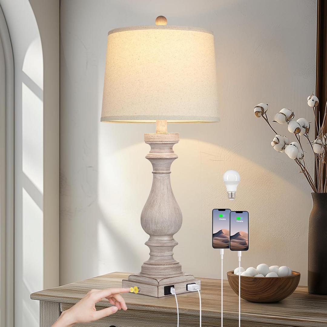 Rinweey 29" Farmhouse Table Lamp for Living Room,Vintage Bedside Lamp with USB C+A Ports & AC Outlet,3-Way Dimmable Touch Control Gray Washed Finish Nightstand for Bedroom, Single Gray