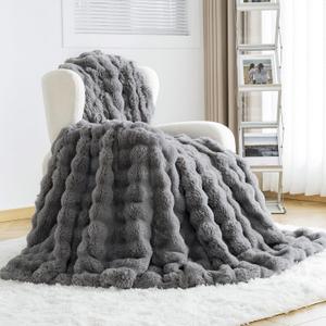 OMERAI Faux Fur Throw Blanket for Couch, Soft Fleece Blanket Twin, Thick and Warm Bubble Fuzzy Throw Blankets for Bed, Cozy Plush Reversible Blanket,Twin Size, 60x80 (Grey)