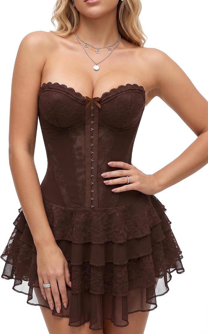 Women's Lace Corset Dress Sexy Mini Party Dress with Built in Shorts (Brown, L)