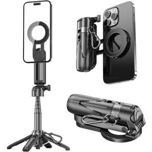 4 in 1 Magnetic Tripod Pocket Selfie Stick Extendable Cell Phone Stand Portable Camera Grip Handle with Wireless Detachable Remote Control for Photograph/Live Streaming/Video/Travel (Black)