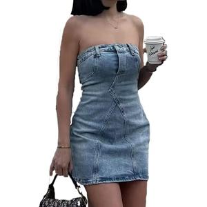 Fronage Women's Summer Sexy Denim Strapless Mini Dress Y2K Trendy Bodycon Jean Tube Dresses Western Cowgirl Denim Outfit 2023 Light Blue, M