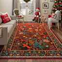 Anidaroel Christmas Rugs for Living Room 8x10, Non Slip Washable Xmas Holiday Rug Soft Large Rug for Bedroom, Low Pile Botanical Floral Indoor Throw Red Carpet for Dining Nursery Holiday Decor
