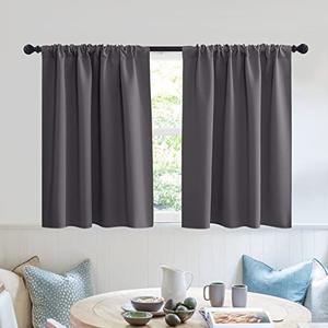 RYB HOME Short Blackout Curtains for Kitchen, Solid Half Window Treatment for Bedroom Energy Saving Privacy Shade for RV Camper Bathroom Basement, W42 x L30 inches, Grey, 2 Panel Set