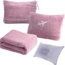 3 in 1 Travel Blanket Pillow Set - 350 GSM Thick Travel Blanket Airplane Compact with Bag, Soft Bag with a Pocket, Inflatable Travel Pillow for Camping & Car Trip (Blush Pink)