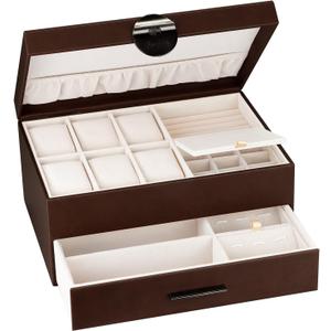 Jewelry Box for Men 2 Layer Jewelry Organizer with 1 Drawer for Storage Display Rings Necklaces Earrings and Watch Brown