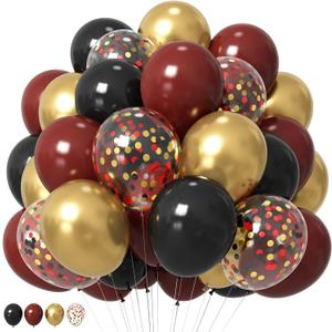 HILAVO Black Burgundy Gold Balloons 12 Inch Burgundy Maroon Red Black Metallic Gold Latex Confetti Balloon for Kids Graduation Birthday Baby Shower Party Decoration