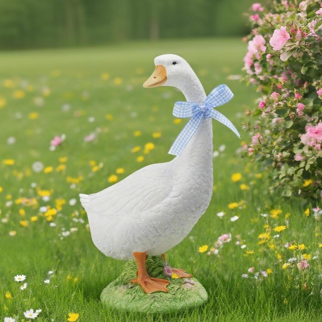 DiliComing Porch Goose Statue Outdoor Decor - 12 Inch Resin Garden Goose Statues Weatherproof Lawn Sculpture for Front Porch Yard Patio Gifts for Grandma Mom Women