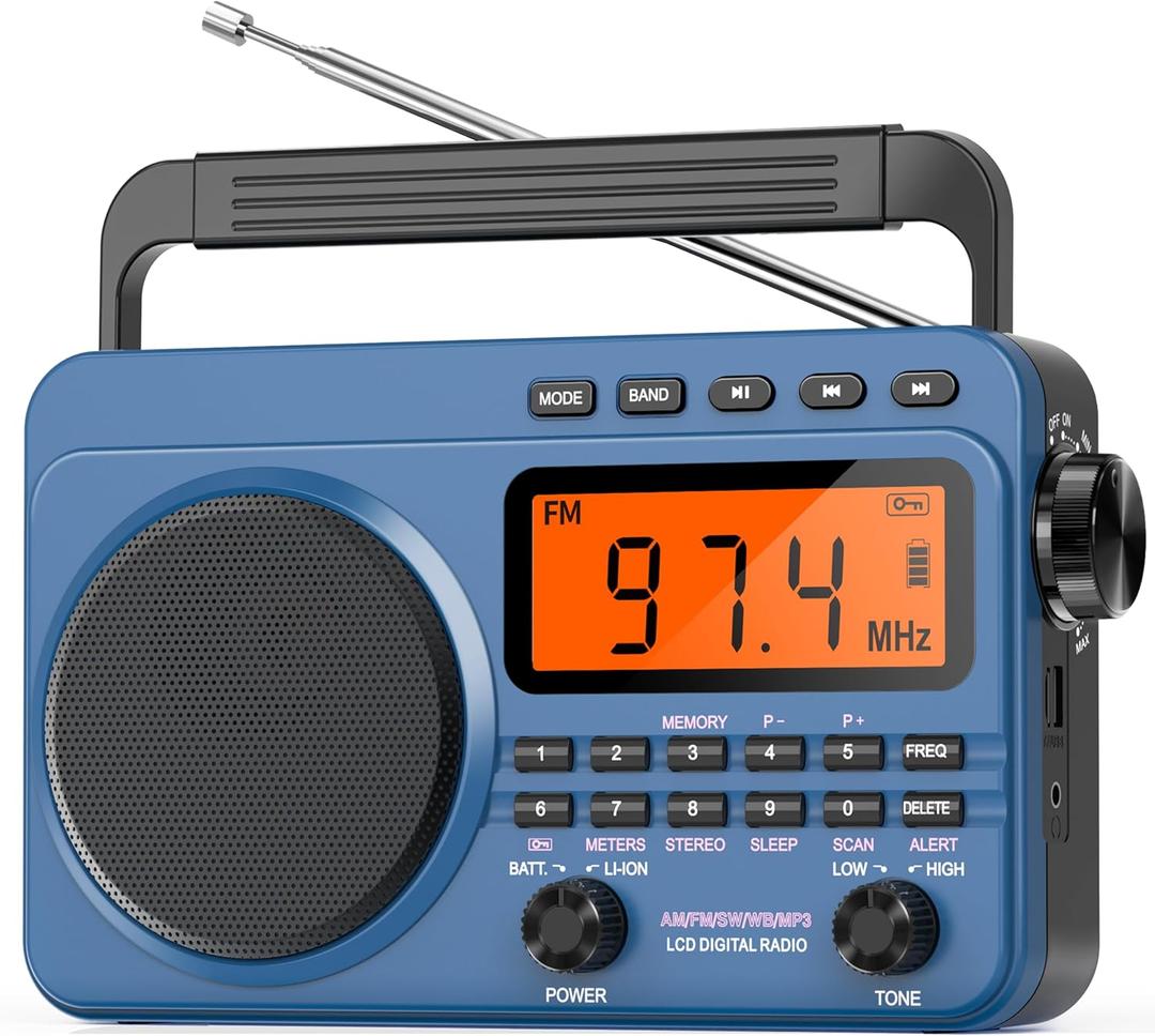 Digital AM FM Shortwave Radio with Best Reception,4000mAh Rechargeable Portable Radio with NOAA Weather Alert, Big Speaker, Digital Tuner and Stereo Earphone,Support Micro SD Card and USB MP3 Player (Blue)