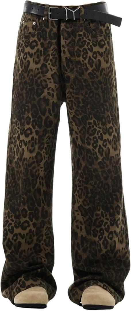 Y2K Leopard Jeans for Women - Baggy Unisex Cheetah Print Straight Leg Denim with Pockets, Casual Streetwear (Brown, M)