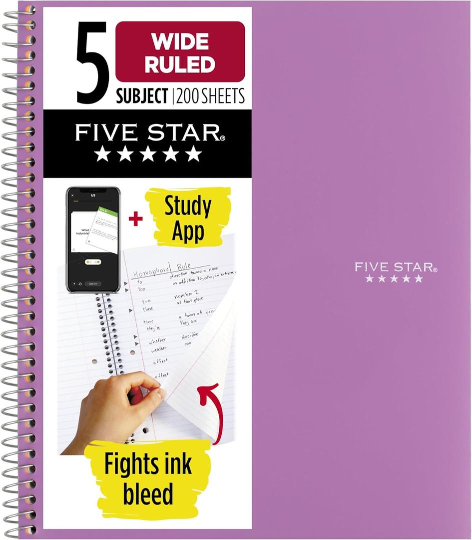 Five Star Spiral Notebook + Study App, 5 Subject, Wide Ruled Paper, 8" x 10-1/2", 200 Sheets, Fights Ink Bleed, Water Resistant Cover, Amethyst Purple (38739)