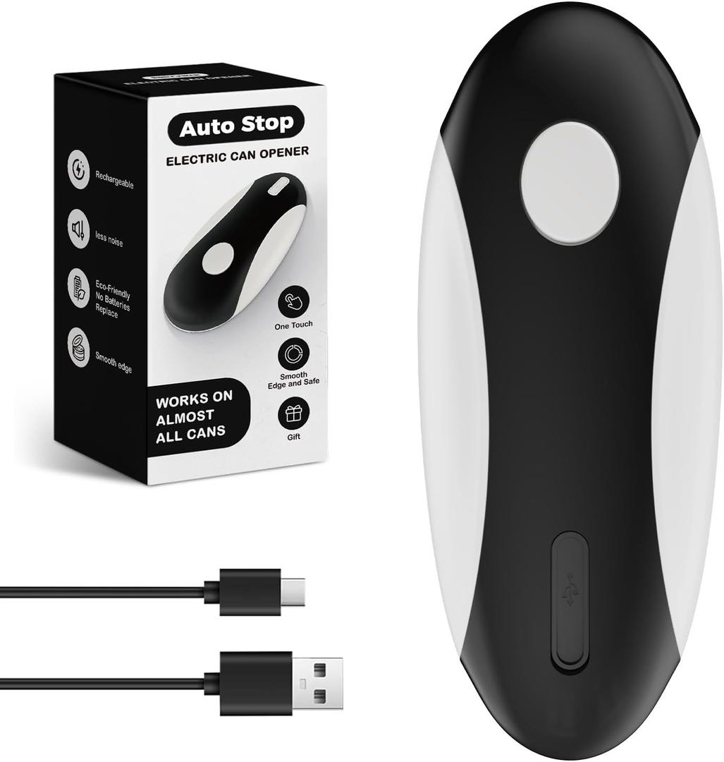Auto Stop Electric Can Opener - Rechargeable Can Openers Smooth Edge for Seniors,One Touch Cut Opener Handsfree for Kitchen Portable for Any Size Cans (Black White)