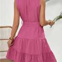 Milumia Women's Frill Mock Neck Sleeveless Dress Belted Tiered Ruffle Hem Summer Short Dresses (Pink, M)