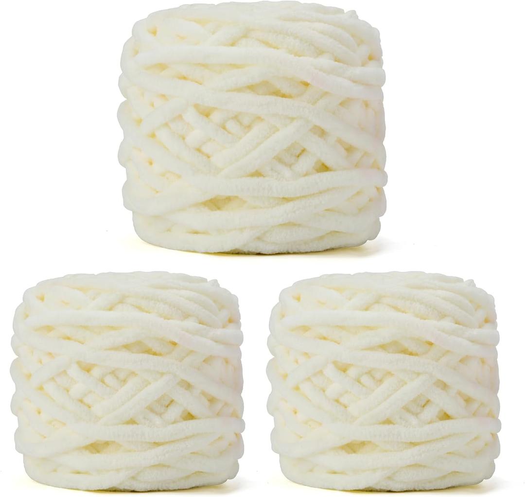 INNDUN Blanket Yarn 3 Pack of 100g/3.5oz - Cream Chenille Yarn 6 Super Bulky - Knitting, Crocheting & Crafts Chunky Yarn