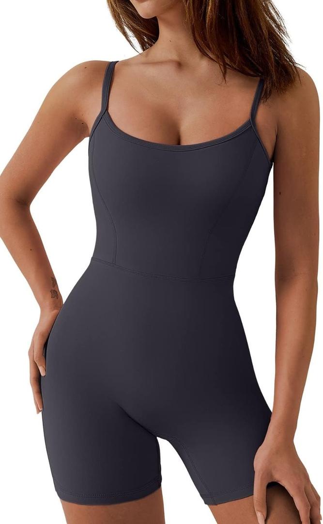 QINSEN Womens Sexy Spaghetti Strap Bodycon Stretch Jumpsuit U Neck One Piece Short Romper (X-Large, Grey)