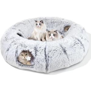 Cat Tunnel Bed for Indoor Cats, XL Christmas Tree Skirts Washable Warm Soft Indoor Cat Donut Tunnel, Multifunctional Cat Interactive Playground Toys for Felines Pet Christmas Tree Decoration