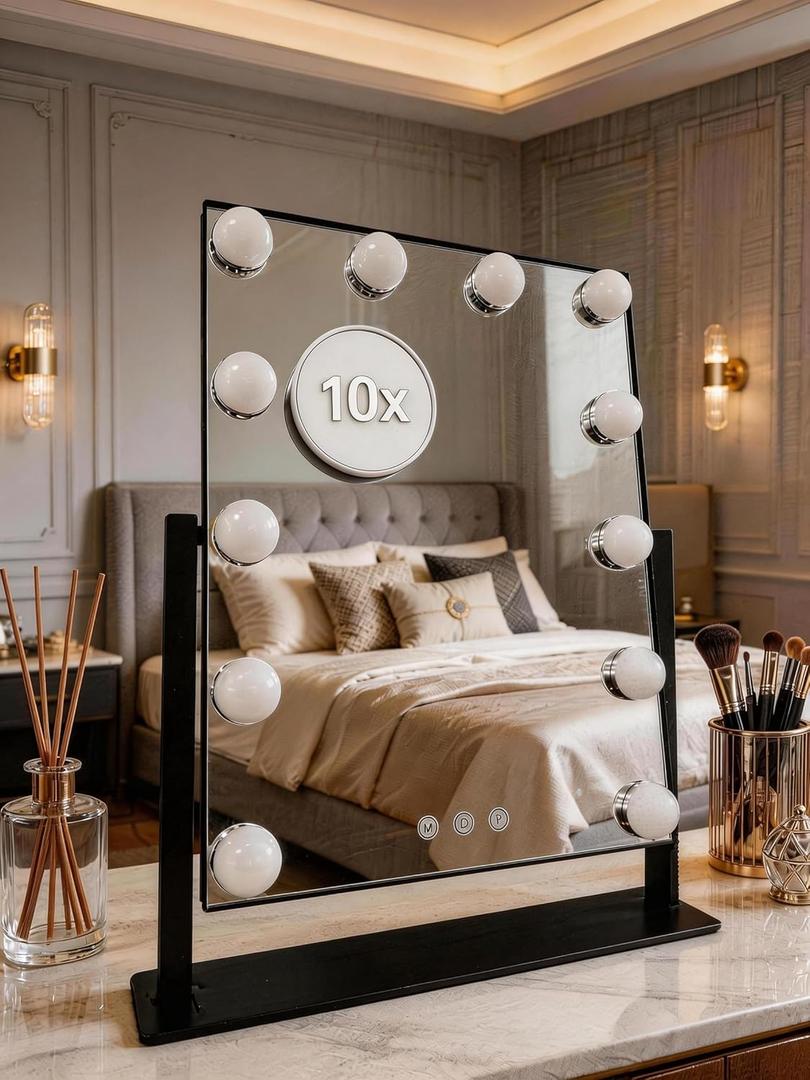 Makeup Vanity Mirror with Lights 17.5" LED Makeup Mirror Detachable 10X Magnification, Hollywood Make Up Mirror with Lighting, Smart Touch, Rechargeable,360 Rotation, (Black