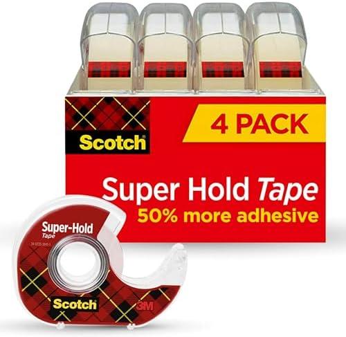 Scotch Super Hold, Transparent, Clear Glossy Finish, 4 Tape Rolls with Dispenser, Tape Rolls for Home Office and School, 3/4 in. x 650 in., Pack of 4
